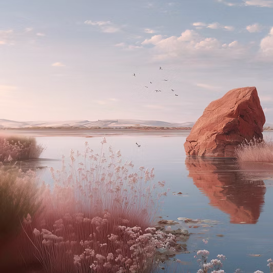 Un lac calme sous un ciel rosé, avec un rocher rouge et des roseaux au premier plan